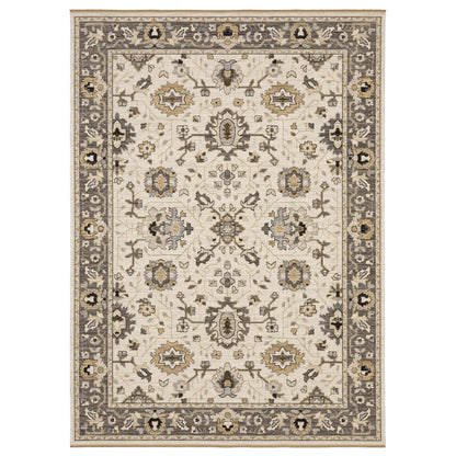 Acacia ACA06 Beige/Grey neutral area rug with traditional pattern, beige and grey tones, wool nylon texture, and cotton fringe.