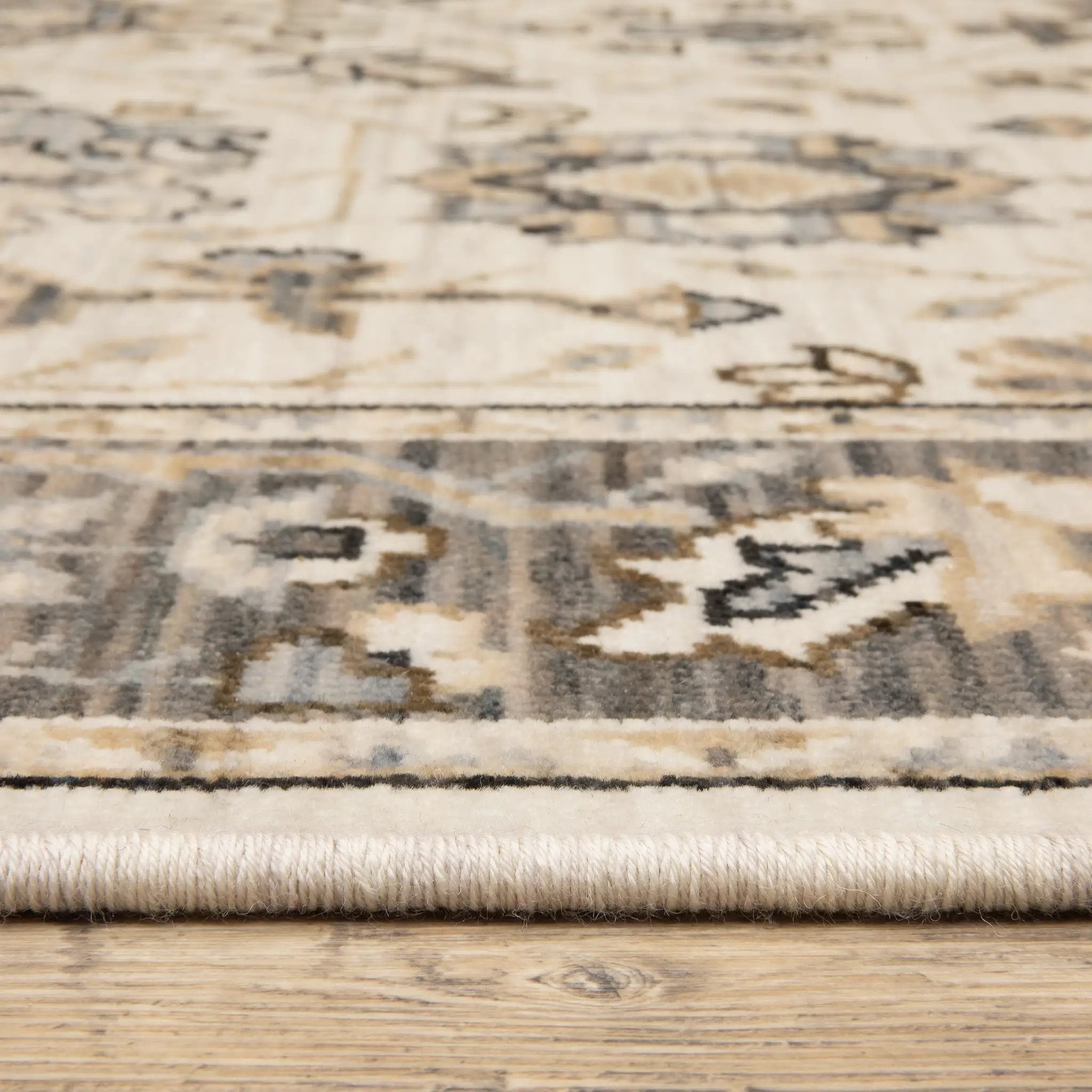 Acacia ACA06 Beige/Grey neutral area rug with traditional pattern, beige and grey tones, wool nylon texture, and cotton fringe.