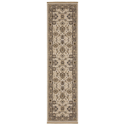 Acacia ACA06 Beige/Grey neutral area rug with traditional pattern, beige and grey tones, wool nylon texture, and cotton fringe.