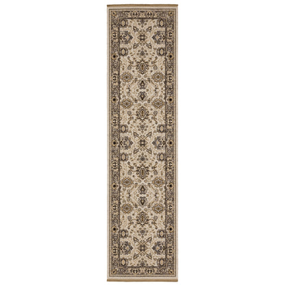 Acacia ACA06 Beige/Grey neutral area rug with traditional pattern, beige and grey tones, wool nylon texture, and cotton fringe.