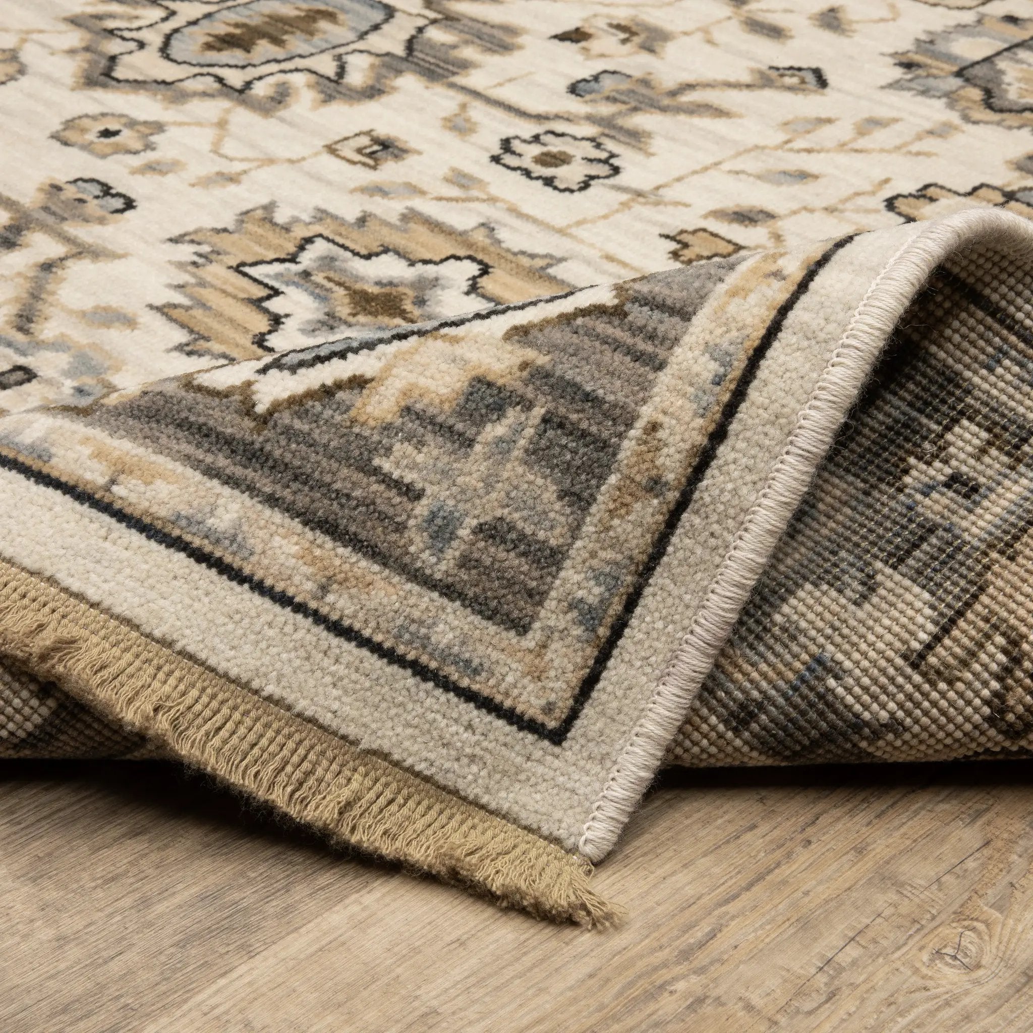 Acacia ACA06 Beige/Grey neutral area rug with traditional pattern, beige and grey tones, wool nylon texture, and cotton fringe.