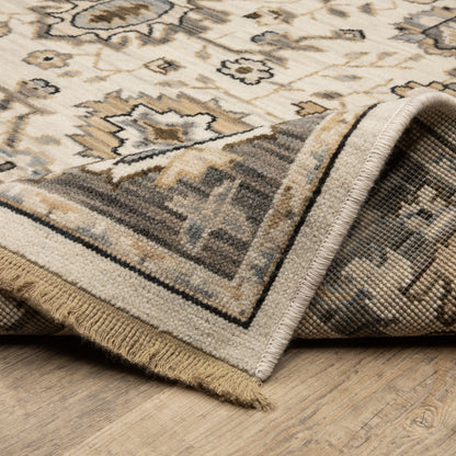 Acacia ACA06 Beige/Grey neutral area rug with traditional pattern, beige and grey tones, wool nylon texture, and cotton fringe.