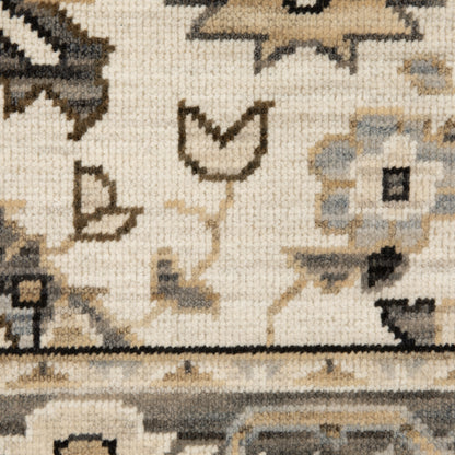 Acacia ACA06 Beige/Grey neutral area rug with traditional pattern, beige and grey tones, wool nylon texture, and cotton fringe.