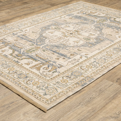 Acacia ACA07 Beige/Grey vintage-style area rug with soft neutral colors, traditional pattern detail, wool nylon texture, and cotton fringe.