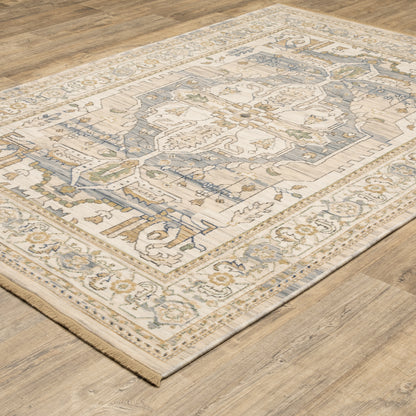 Acacia ACA07 Beige/Grey vintage-style area rug with soft neutral colors, traditional pattern detail, wool nylon texture, and cotton fringe.