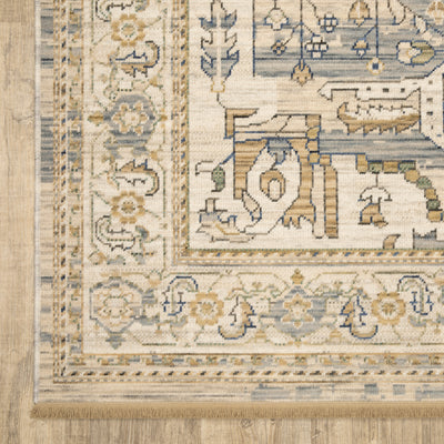 Acacia ACA07 Beige/Grey vintage-style area rug with soft neutral colors, traditional pattern detail, wool nylon texture, and cotton fringe.