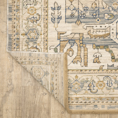 Acacia ACA07 Beige/Grey vintage-style area rug with soft neutral colors, traditional pattern detail, wool nylon texture, and cotton fringe.