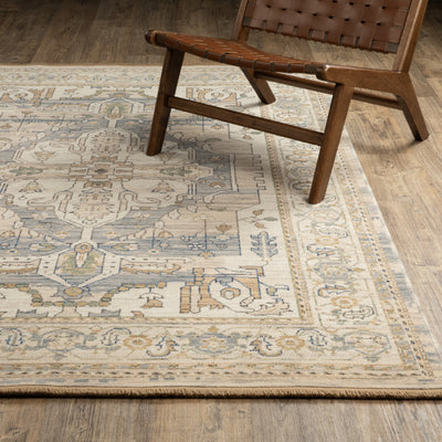 Acacia ACA07 Beige/Grey vintage-style area rug with soft neutral colors, traditional pattern detail, wool nylon texture, and cotton fringe.