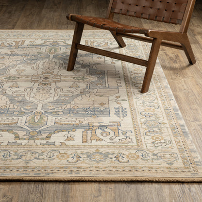 Acacia ACA07 Beige/Grey vintage-style area rug with soft neutral colors, traditional pattern detail, wool nylon texture, and cotton fringe.