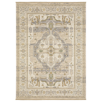 Acacia ACA07 Beige/Grey vintage-style area rug with soft neutral colors, traditional pattern detail, wool nylon texture, and cotton fringe.