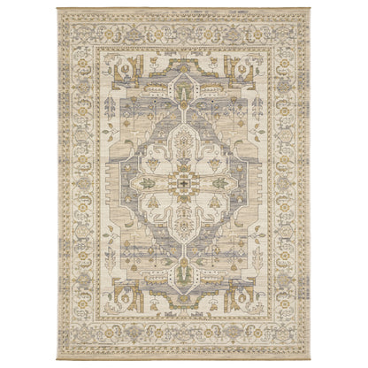 Acacia ACA07 Beige/Grey vintage-style area rug with soft neutral colors, traditional pattern detail, wool nylon texture, and cotton fringe.