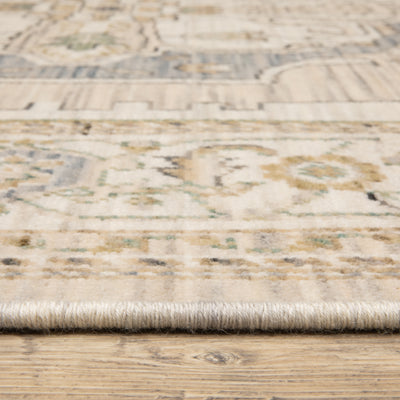 Acacia ACA07 Beige/Grey vintage-style area rug with soft neutral colors, traditional pattern detail, wool nylon texture, and cotton fringe.