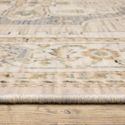 Acacia ACA07 Beige/Grey vintage-style area rug with soft neutral colors, traditional pattern detail, wool nylon texture, and cotton fringe.