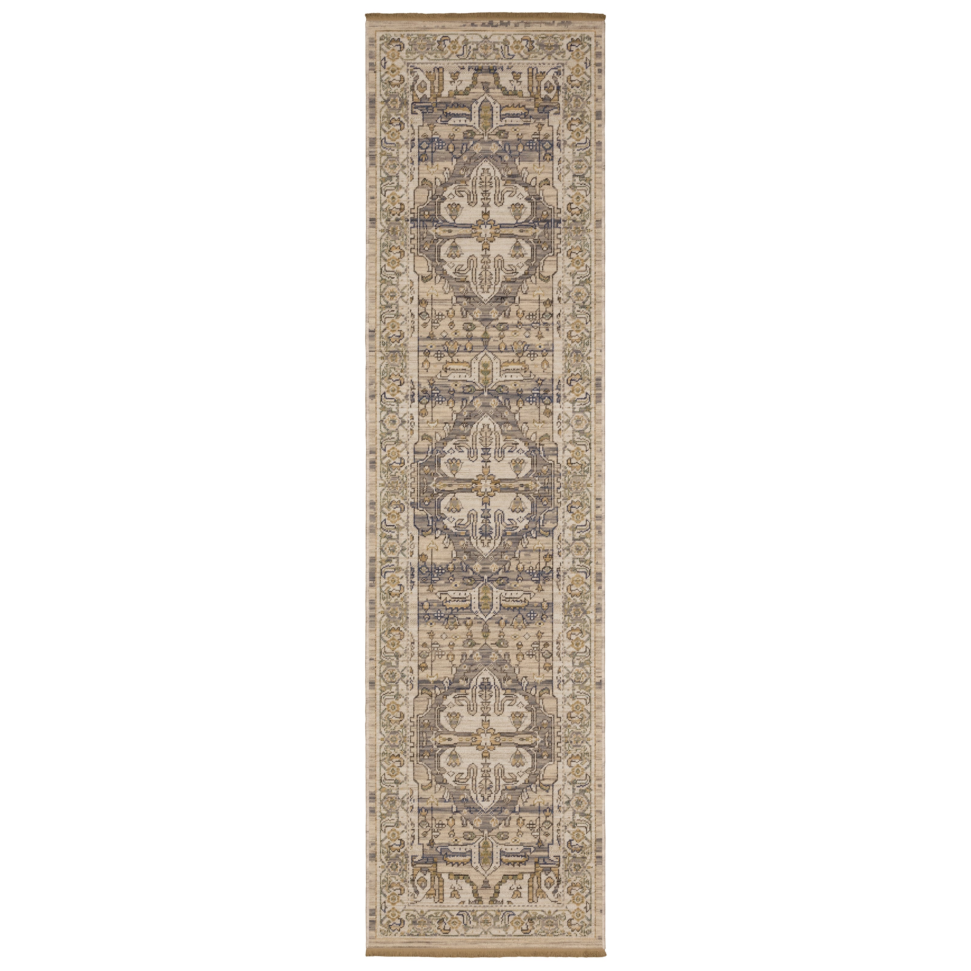 Acacia ACA07 Beige/Grey vintage-style area rug with soft neutral colors, traditional pattern detail, wool nylon texture, and cotton fringe.