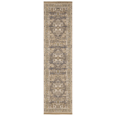 Acacia ACA07 Beige/Grey vintage-style area rug with soft neutral colors, traditional pattern detail, wool nylon texture, and cotton fringe.