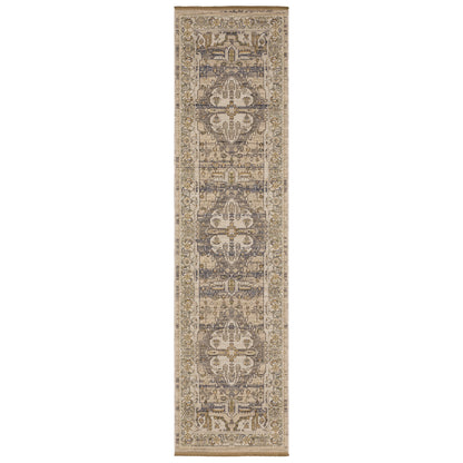 Acacia ACA07 Beige/Grey vintage-style area rug with soft neutral colors, traditional pattern detail, wool nylon texture, and cotton fringe.