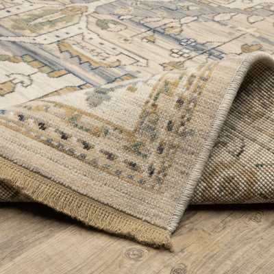 Acacia ACA07 Beige/Grey vintage-style area rug with soft neutral colors, traditional pattern detail, wool nylon texture, and cotton fringe.