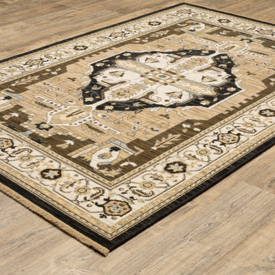 Acacia ACA08 Tan/Black traditional area rug with bold black contrast, warm tan ground, earthy accent colors, and incorporated cotton fringe.