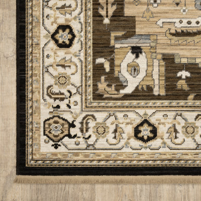 Acacia ACA08 Tan/Black traditional area rug with bold black contrast, warm tan ground, earthy accent colors, and incorporated cotton fringe.