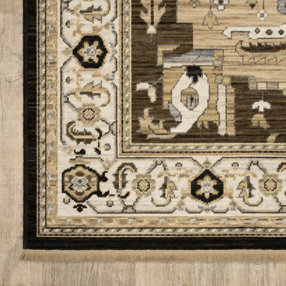 Acacia ACA08 Tan/Black traditional area rug with bold black contrast, warm tan ground, earthy accent colors, and incorporated cotton fringe.