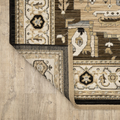 Acacia ACA08 Tan/Black traditional area rug with bold black contrast, warm tan ground, earthy accent colors, and incorporated cotton fringe.