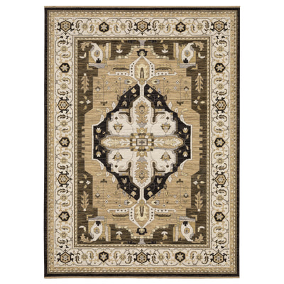 Acacia ACA08 Tan/Black traditional area rug with bold black contrast, warm tan ground, earthy accent colors, and incorporated cotton fringe.