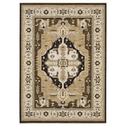 Acacia ACA08 Tan/Black traditional area rug with bold black contrast, warm tan ground, earthy accent colors, and incorporated cotton fringe.
