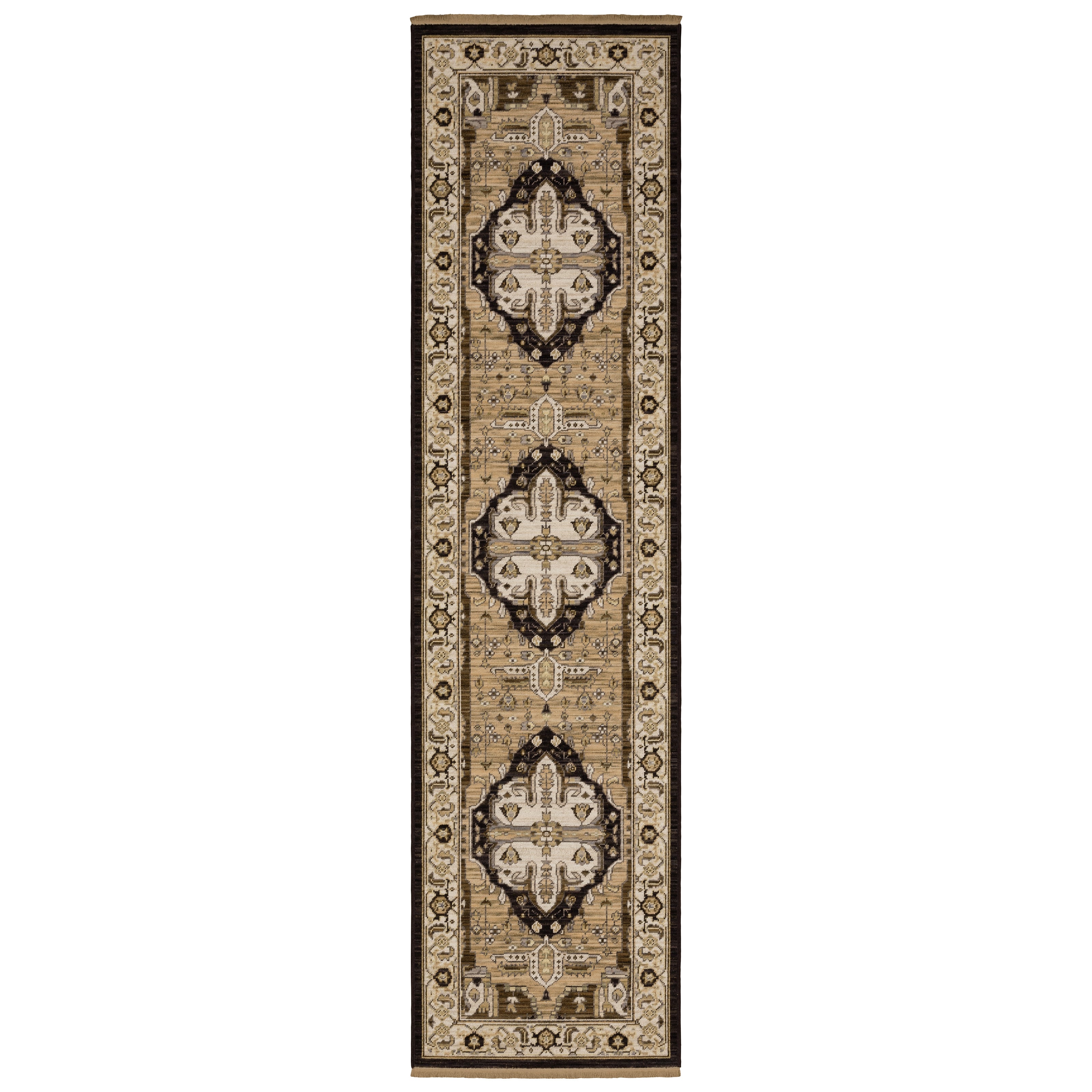 Acacia ACA08 Tan/Black traditional area rug with bold black contrast, warm tan ground, earthy accent colors, and incorporated cotton fringe.