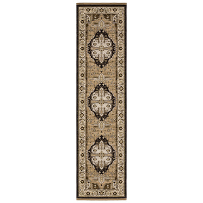 Acacia ACA08 Tan/Black traditional area rug with bold black contrast, warm tan ground, earthy accent colors, and incorporated cotton fringe.
