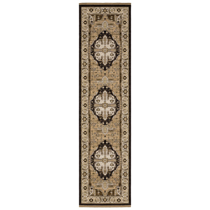 Acacia ACA08 Tan/Black traditional area rug with bold black contrast, warm tan ground, earthy accent colors, and incorporated cotton fringe.