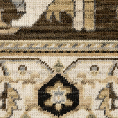 Acacia ACA08 Tan/Black traditional area rug with bold black contrast, warm tan ground, earthy accent colors, and incorporated cotton fringe.