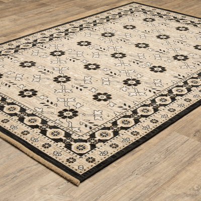 Acacia ACA09 Beige/Black statement area rug with classic pattern, beige and black contrast, earthy accent colors, and cotton fringe.