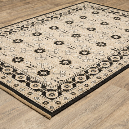 Acacia ACA09 Beige/Black statement area rug with classic pattern, beige and black contrast, earthy accent colors, and cotton fringe.