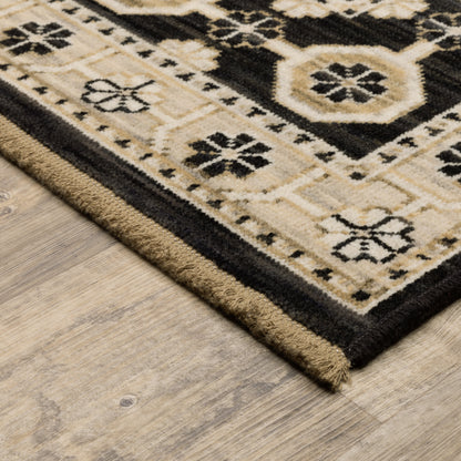Acacia ACA09 Beige/Black statement area rug with classic pattern, beige and black contrast, earthy accent colors, and cotton fringe.