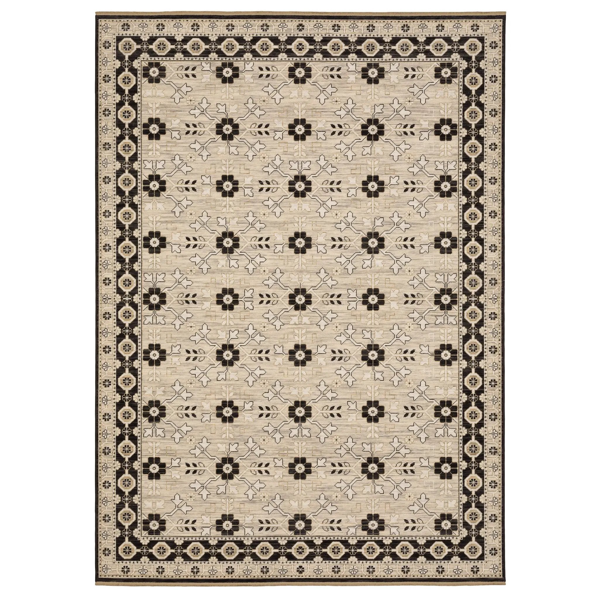 Acacia ACA09 Beige/Black statement area rug with classic pattern, beige and black contrast, earthy accent colors, and cotton fringe.