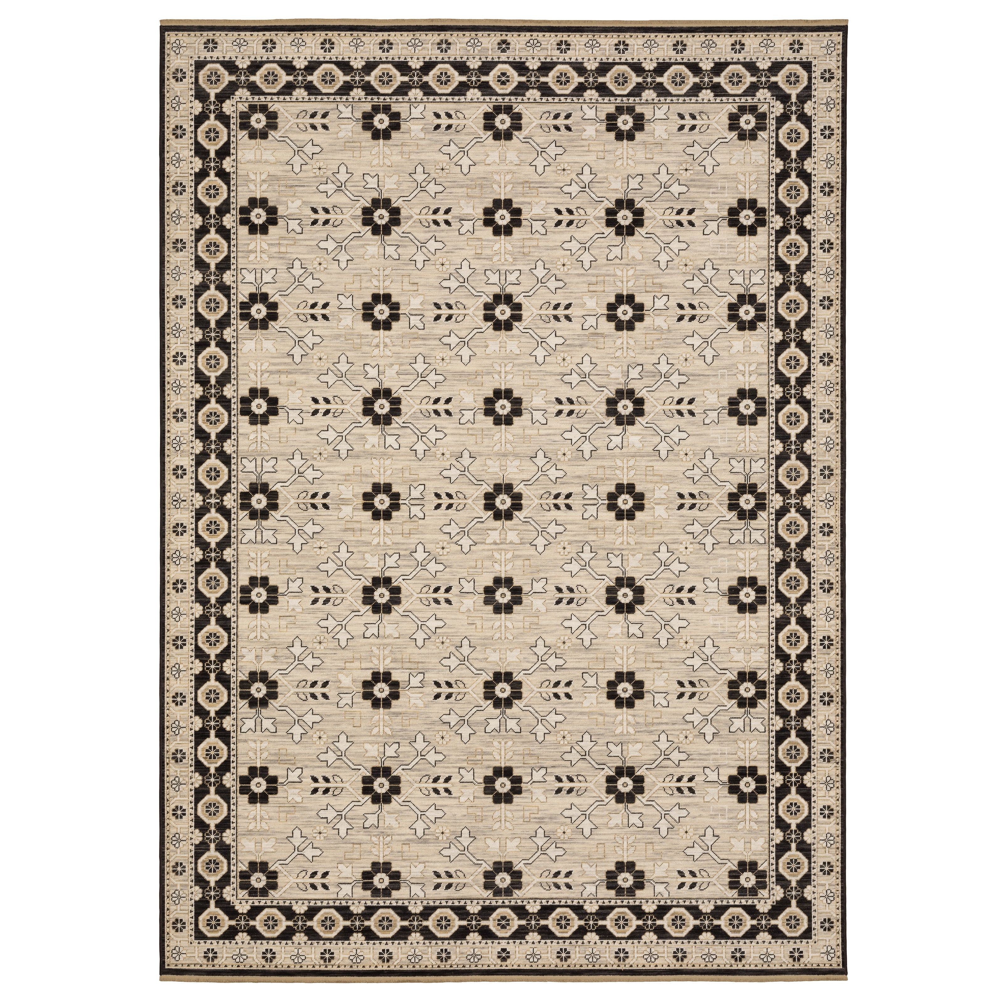 Acacia ACA09 Beige/Black statement area rug with classic pattern, beige and black contrast, earthy accent colors, and cotton fringe.