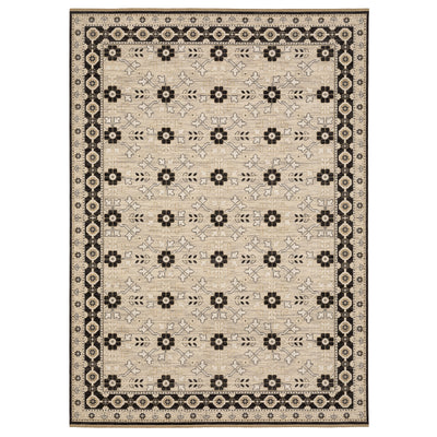 Acacia ACA09 Beige/Black statement area rug with classic pattern, beige and black contrast, earthy accent colors, and cotton fringe.