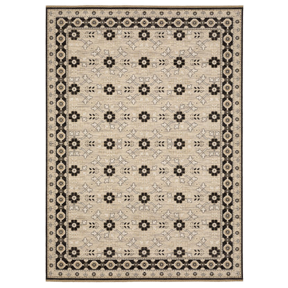 Acacia ACA09 Beige/Black statement area rug with classic pattern, beige and black contrast, earthy accent colors, and cotton fringe.