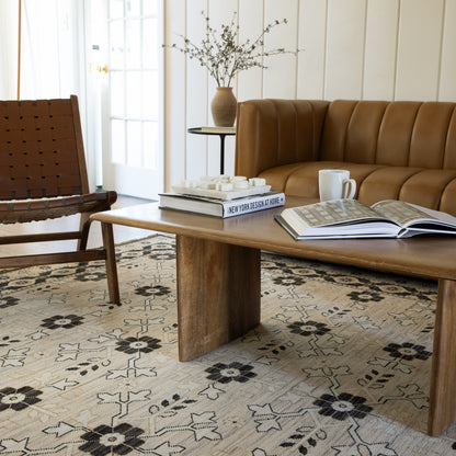 Acacia ACA09 Beige/Black statement area rug with classic pattern, beige and black contrast, earthy accent colors, and cotton fringe.