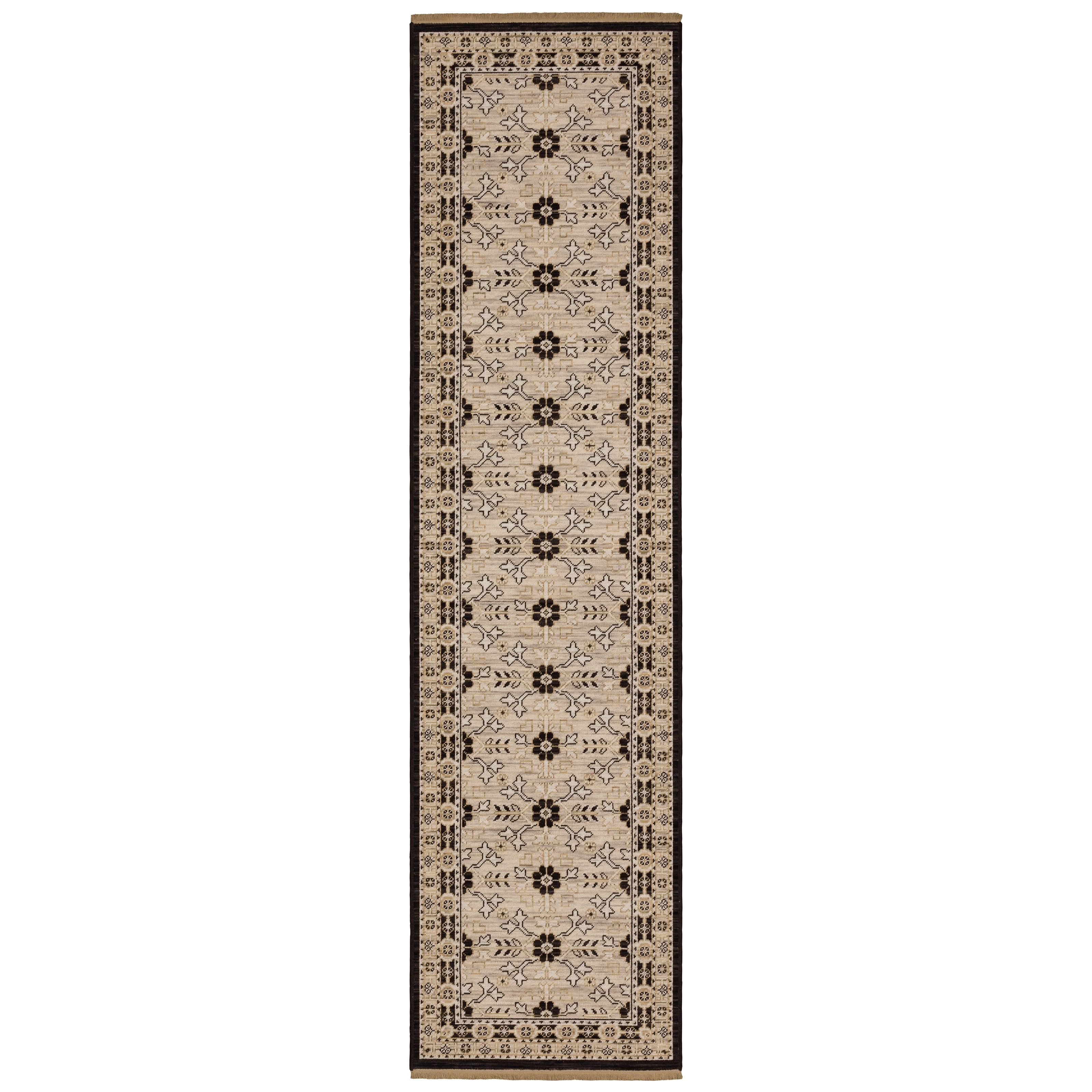Acacia ACA09 Beige/Black statement area rug with classic pattern, beige and black contrast, earthy accent colors, and cotton fringe.