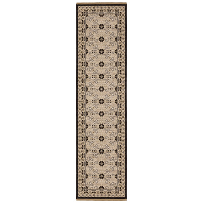 Acacia ACA09 Beige/Black statement area rug with classic pattern, beige and black contrast, earthy accent colors, and cotton fringe.