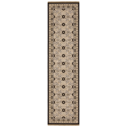 Acacia ACA09 Beige/Black statement area rug with classic pattern, beige and black contrast, earthy accent colors, and cotton fringe.
