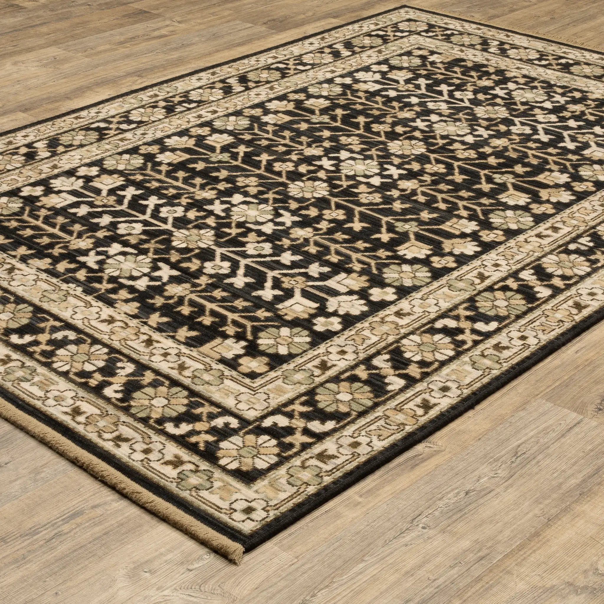 Acacia ACA10 Black/Beige traditional area rug with dramatic black and beige palette, multicolor accents, wool nylon texture, and fringe.