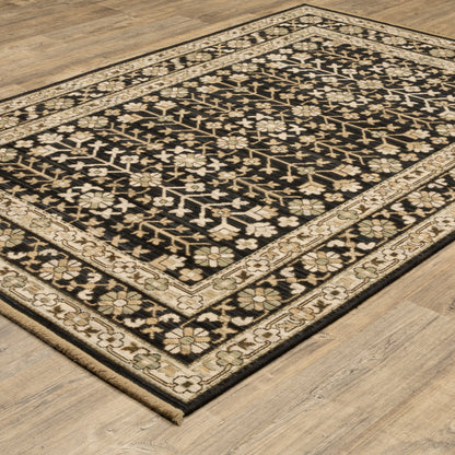 Acacia ACA10 Black/Beige traditional area rug with dramatic black and beige palette, multicolor accents, wool nylon texture, and fringe.