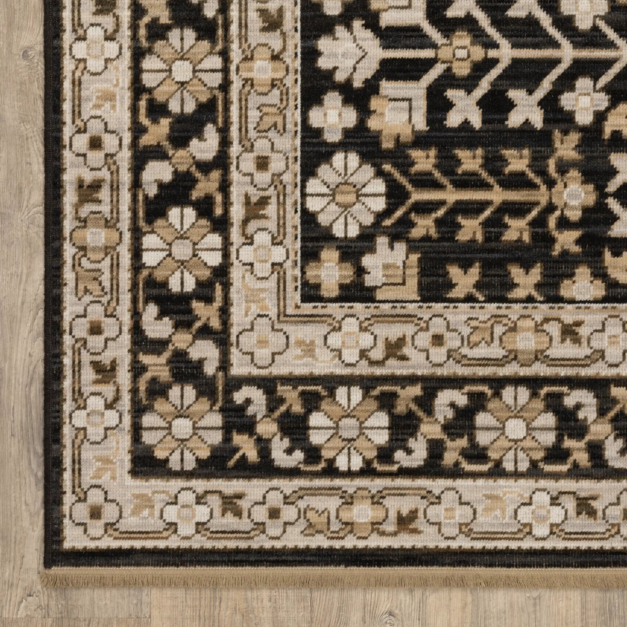 Acacia ACA10 Black/Beige traditional area rug with dramatic black and beige palette, multicolor accents, wool nylon texture, and fringe.
