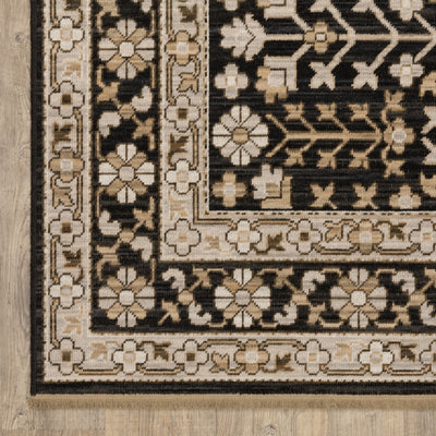 Acacia ACA10 Black/Beige traditional area rug with dramatic black and beige palette, multicolor accents, wool nylon texture, and fringe.
