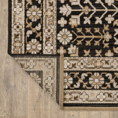 Acacia ACA10 Black/Beige traditional area rug with dramatic black and beige palette, multicolor accents, wool nylon texture, and fringe.
