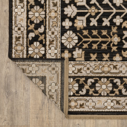 Acacia ACA10 Black/Beige traditional area rug with dramatic black and beige palette, multicolor accents, wool nylon texture, and fringe.