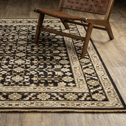 Acacia ACA10 Black/Beige traditional area rug with dramatic black and beige palette, multicolor accents, wool nylon texture, and fringe.