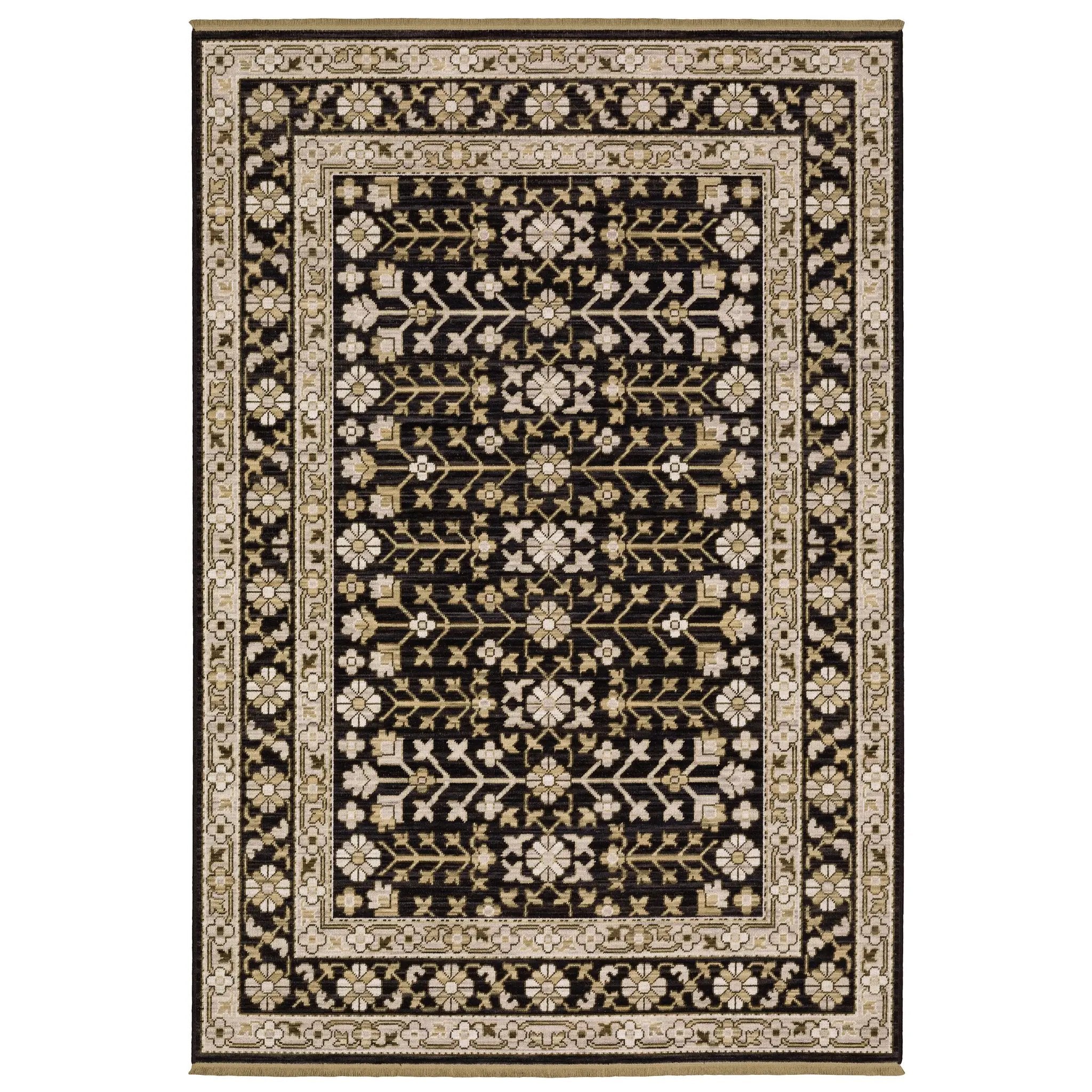 Acacia ACA10 Black/Beige traditional area rug with dramatic black and beige palette, multicolor accents, wool nylon texture, and fringe.